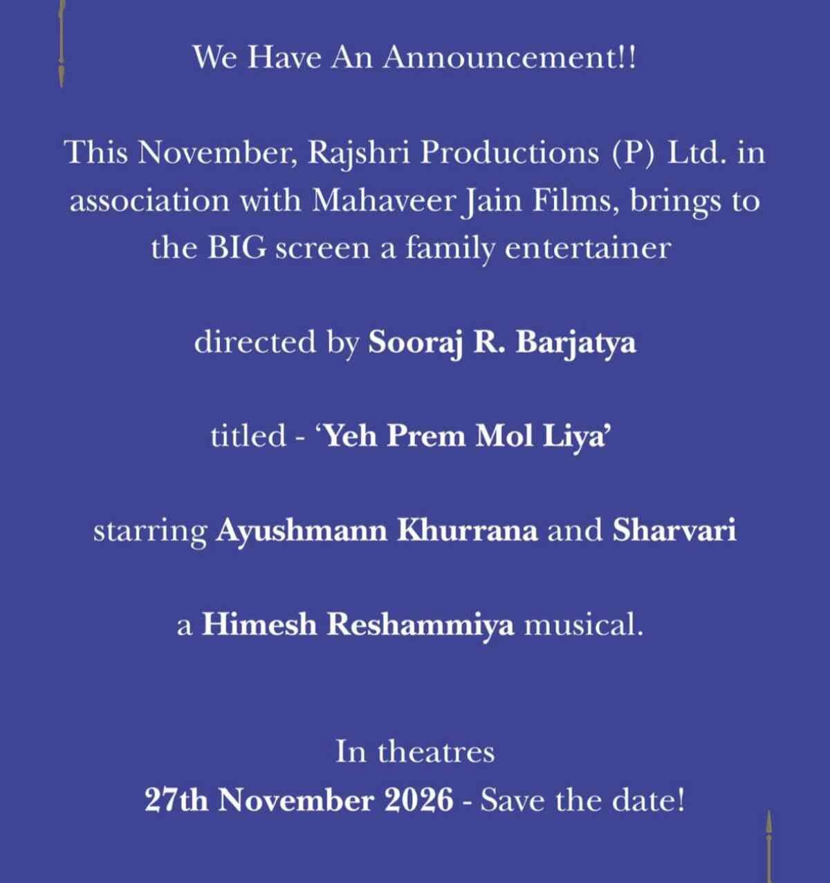 Yeh Prem Mol Liya, Sooraj Barjatya new film, Ayushmann Khurrana movie 2026, Sharvari film, Rajshri Productions film